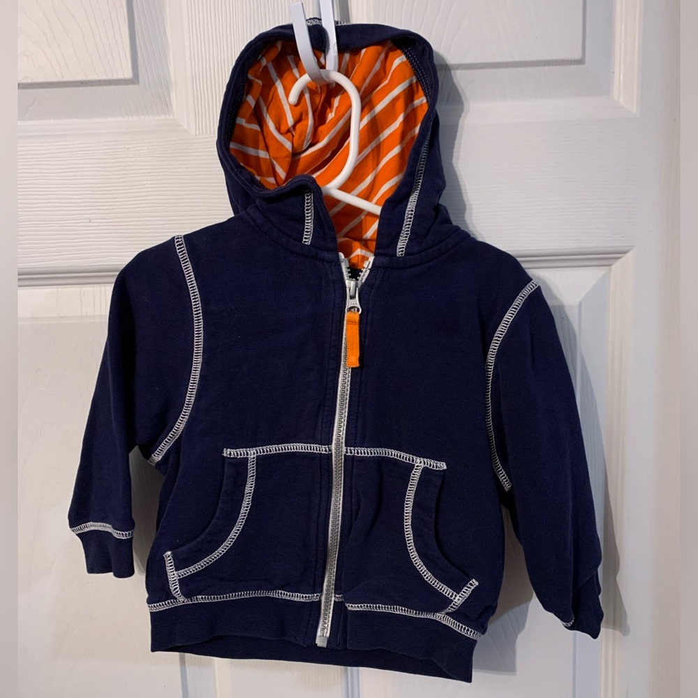 Hanna Andersson boys size 18-24 months blue zip-up hoodie, orange stripes